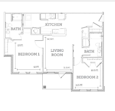 A floor plan of a living space with a kitchen, two bedrooms, and two bathrooms.
