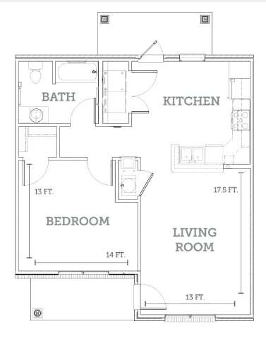 A floor plan of a small apartment with a living room, bedroom, and kitchen.