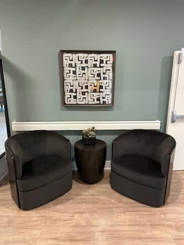 Two black chairs are placed in front of a framed artwork.
