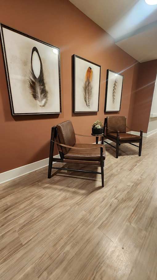 A hallway with two chairs and two framed pictures of feathers on the wall.