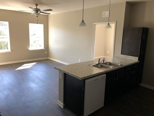 A kitchen with a white dishwasher and a sink.