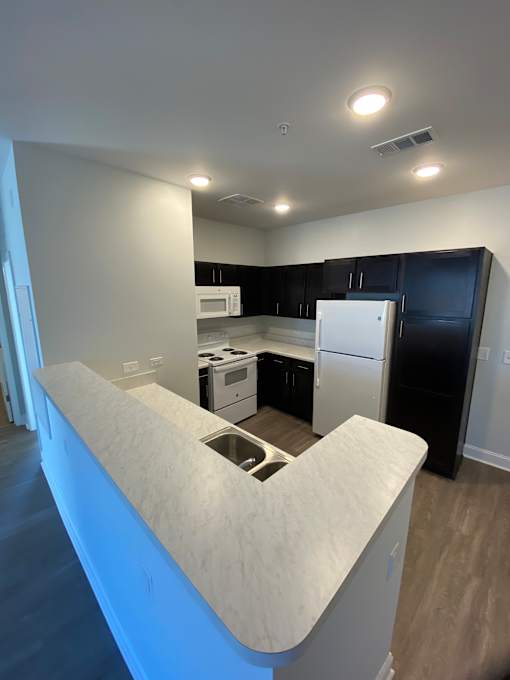 A modern kitchen with a white countertop and black cabinets.