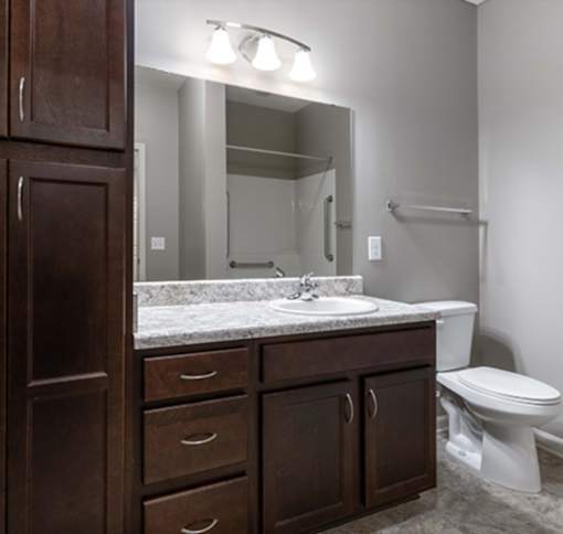 A bathroom with a sink, toilet, and a mirror.