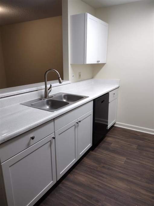 A kitchen with white cabinets and a sink.