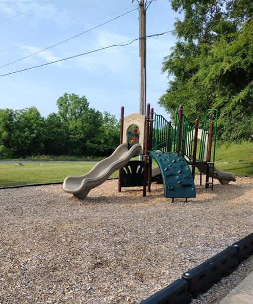 A playground with a slide and a green climbing structure.