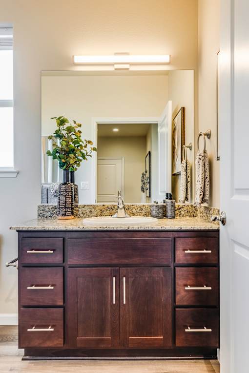 A bathroom with a vanity and a mirror.