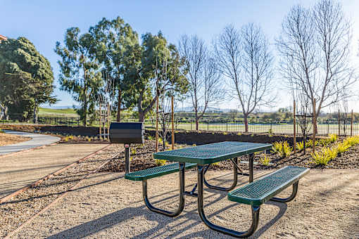 A picnic table and bench are set up in a park with trees and a fence in the background.