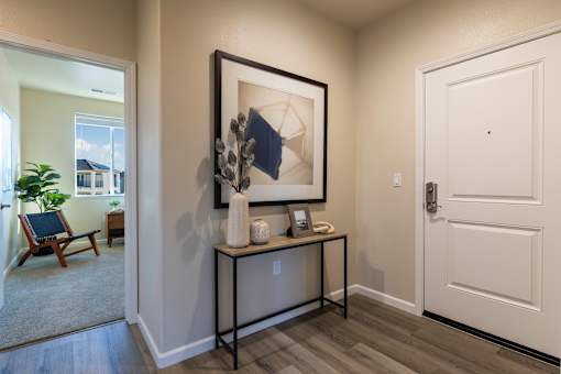 A white door is on the right side of the image.