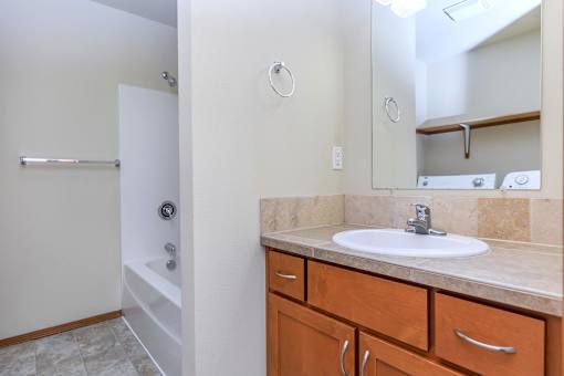 Bathroom with vanity and tub shower combo at Monroe Avenue Apartments, Salem, 97301