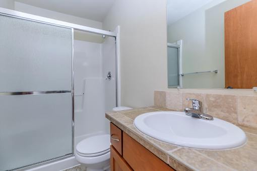Bathroom with vanity and shower at Monroe Avenue Apartments, Oregon, 97301