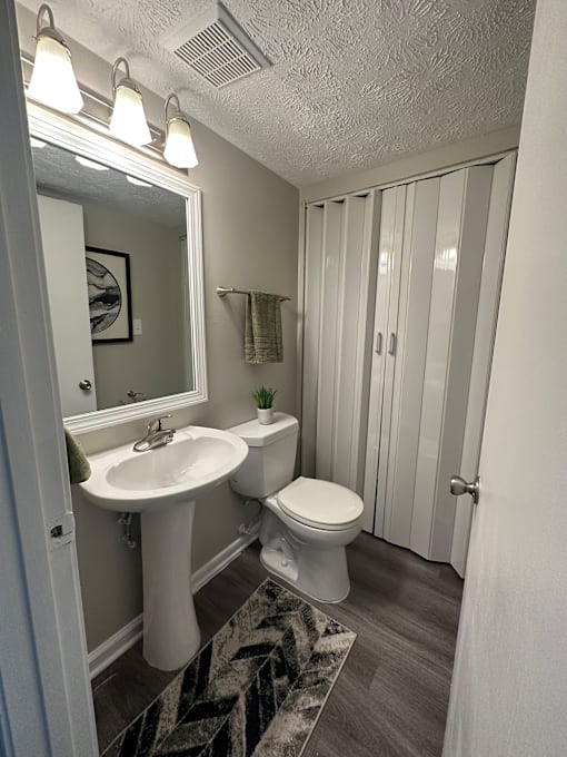 A bathroom with a sink, toilet, and a mirror.