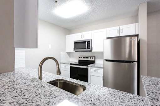 A kitchen with a granite countertop and stainless steel appliances at Ballantyne Commons of Stockbridge Apartments, Stockbridge