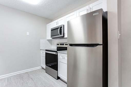 A kitchen with a stainless steel refrigerator, microwave, oven, and dishwasher at Ballantyne Commons of Stockbridge Apartments, Georgia