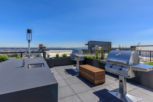 two bbq grills on the roof of a building with a view of the city at Napoleon Apartments, Washington