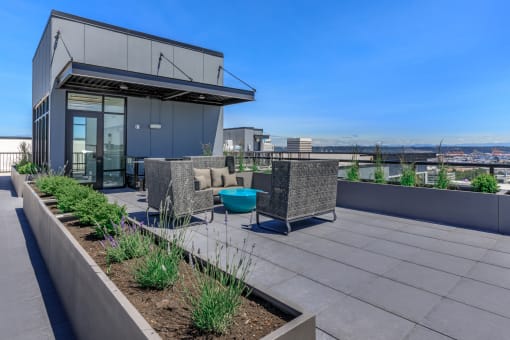 a rooftop terrace with couches and chairs and a blue bowl in the middle of the at Napoleon Apartments, Tacoma, WA