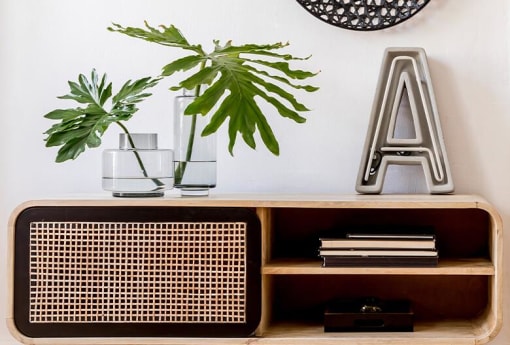 a shelf with a plant and two water glasses on it at Monroe Avenue Apartments, Salem