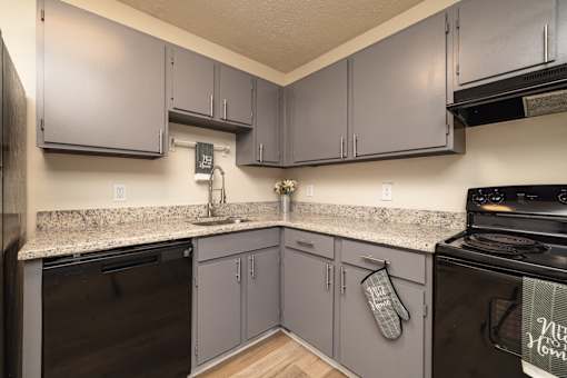 A kitchen with grey cabinets and a black stove top oven at Overlook Club Apartments, Georgia