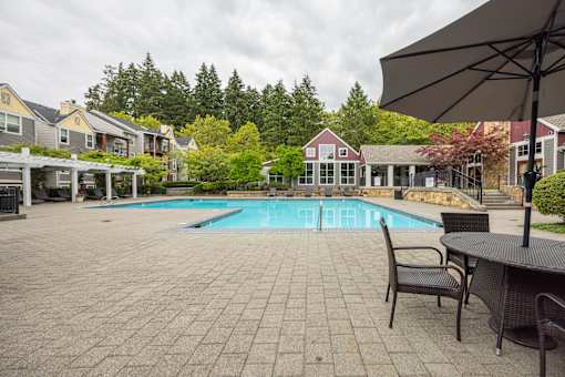 A patio with a table and chairs overlooking a pool.
