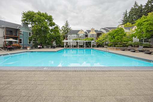 A swimming pool surrounded by trees and houses.