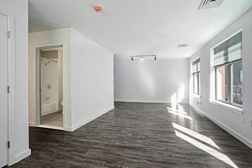 A room with a wooden floor and a shower in the corner.