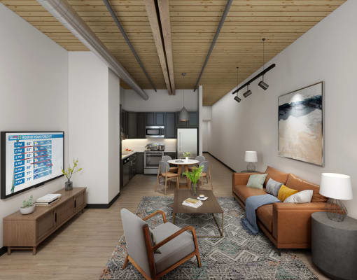 a living room with white walls and a wooden ceiling with exposed beams