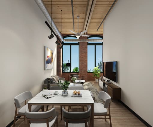 a rendering of a living room with a large white table and chairs and a flat screen tv