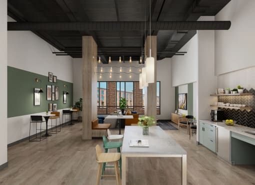 a rendering of the interior of a building with a kitchen and living room