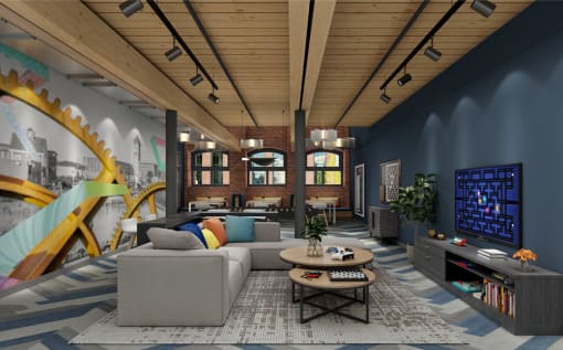 a rendering of a living room with blue walls and a large mural on the wall
