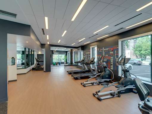 A gym with treadmills and elliptical machines.