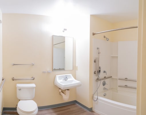 a bathroom with a toilet sink and bathtub