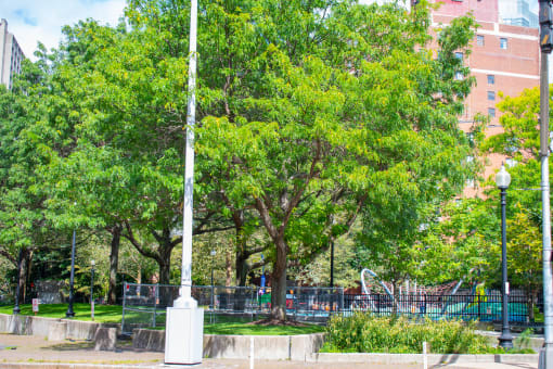 a flagpole in a park with trees and a playground in the background