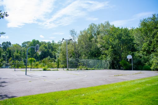 a basketball court with trees in the background