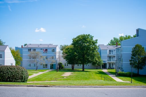 a grassy area with trees in the middle of an apartment complex