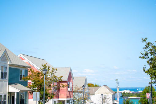 a row of houses with the ocean in the background