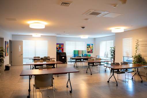 A room with tables and chairs and a plant.