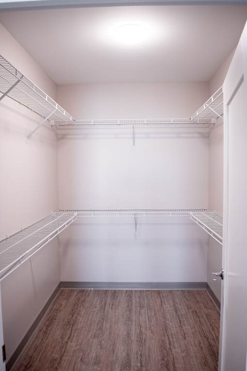 A walk-in closet with white shelving and wood floors.