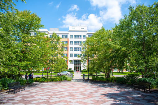 a large white building with a red brick walkway in front of it