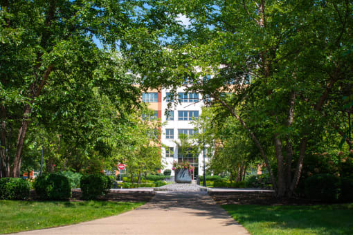 a walkway with trees in the foreground and a building in the background