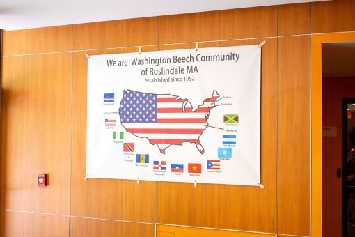 a banner hangs from the wall
