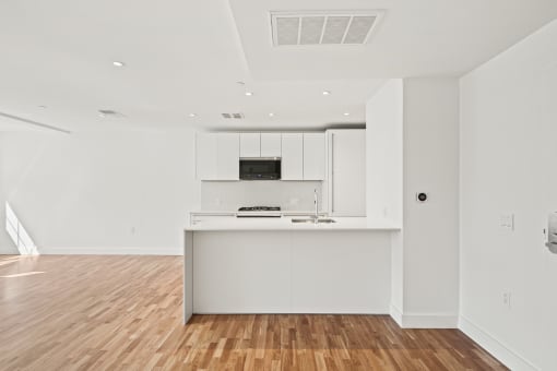 living room and kitchen with a large island and hardwood floor