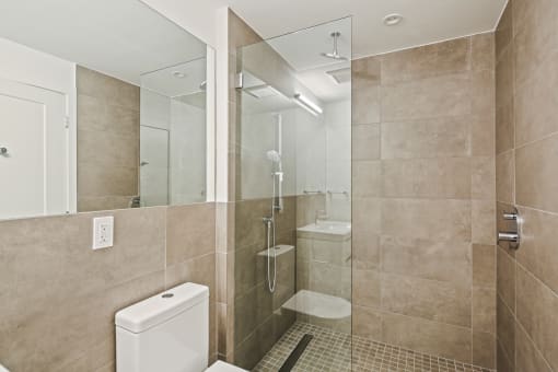 a bathroom with a shower and a toilet