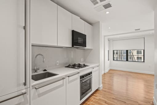 A modern kitchen with white cabinets and stainless steel appliances