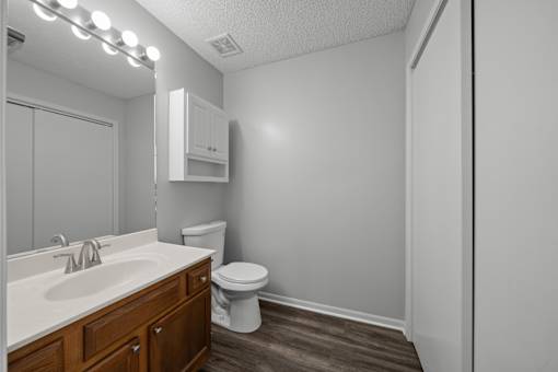 A bathroom with a toilet, sink, and mirror.