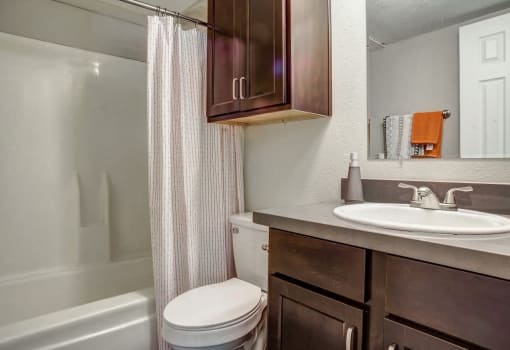Image of updated bathroom with large vanity and full-sized tub