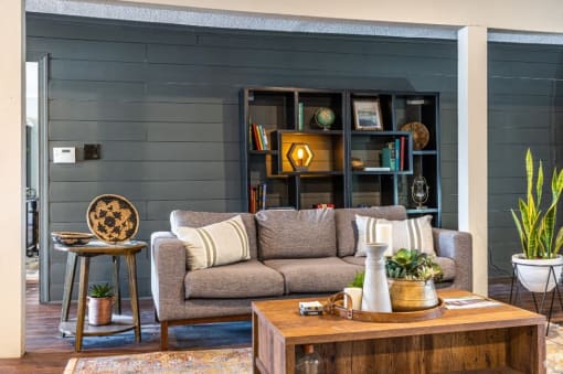 a living room with a couch and a coffee table