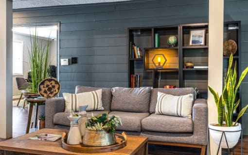 a living room with a couch and a coffee table