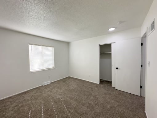 an empty living room with carpet and a door to a closet