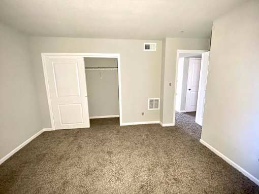 A room with a carpeted floor and a closet with a door open.