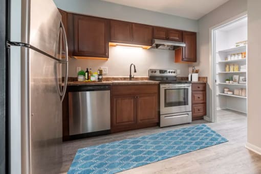 a kitchen with stainless steel appliances and a blue rug