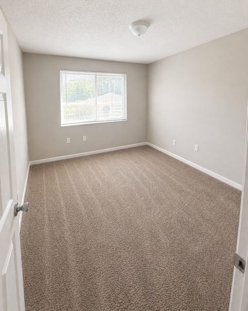 A room with a carpeted floor and a window with blinds.